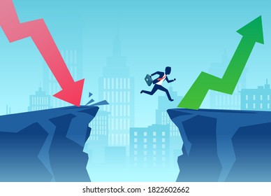 Vector of a businessman jumping over a cliff to overcome financial crisis 