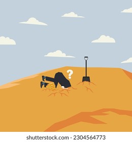 Vector businessman kneeling with his head in a hole in the sand with some gold bars on the side illustration