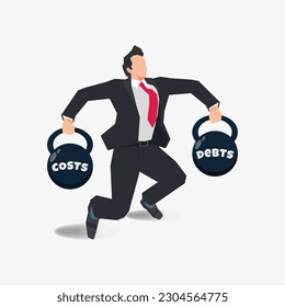 Vector businessman lifting weight costs ball and debts ball design illustration