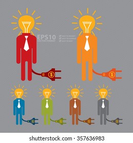 Vector : Businessman With Light Bulb Head and Dollar Currency Cash Power Cable Infographics Flat Icon, Sign