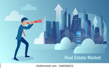 Vector of a businessman looking at cityscape trying to predict real estate market 