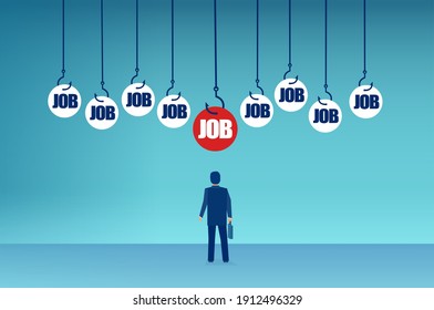 Vector Of A Businessman Looking For An Employment With Multiple Job Offers On The Fish Hook Above Him 