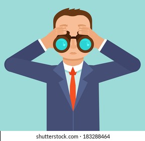 Vector businessman looking for future trends through binoculars  - business and strategy metaphor - illustration in flat style