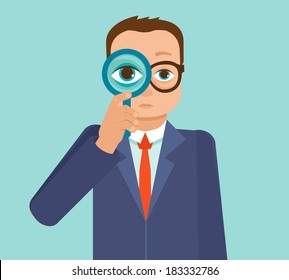 Vector businessman looking for future trends through magnifier - business and strategy metaphor - illustration in flat style