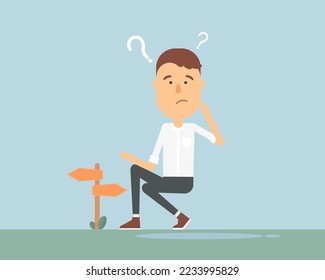 Vector of Businessman looking Signboard pointer, choice signpost. with question mark. Choice of crossroads direction. Flat style vector design.