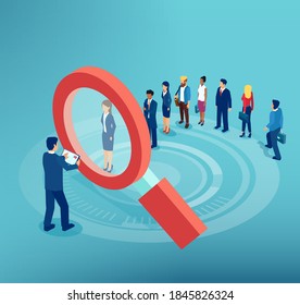 Vector of a businessman looking through magnifying glass at job applicants recruiting new employees 