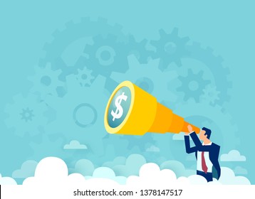 Vector of a businessman looking through a telescope searching for financial opportunity. 