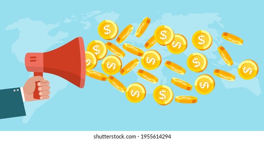 Vector de un hombre de negocios con altavoz haciendo un anuncio con monedas en dólares volando fuera del megáfono 