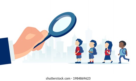 Vector of a businessman with magnifying glass looking for a talent among young kids 