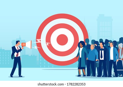 Vector of a businessman making an announcement in megaphone to a targeted audience attracting new shoppers and customers