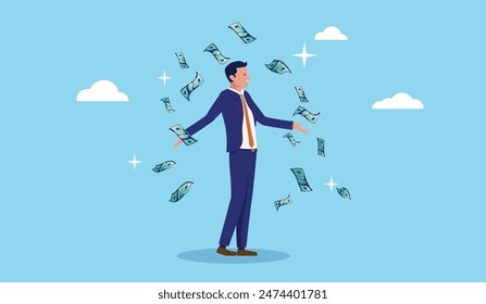 Vector businessman making money - Man in corporate suit standing with arms out, smiling while money raining down. Business income, investor profits and earnings concept in flat design