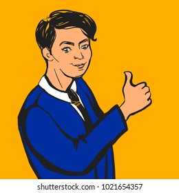 Vector businessman making thumbs up sign. Hand drawn illustration.