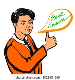 Vector businessman making thumbs up sign and Best Choice text. Hand drawn illustration.