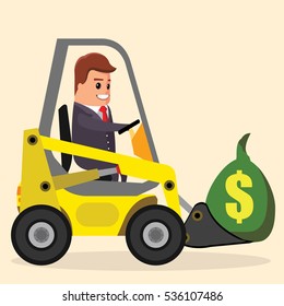 Vector businessman or manager driving a loader. truck with money. Flat stock illustration.   .
