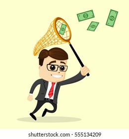 Vector businessman or manager holds a net. Man in business suit. Business man chasing money and smiling.