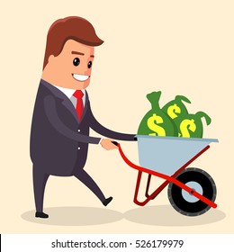 vector businessman or manager pushing a cart with money cash. Vector illustration., vector character, flat illustration, flat style.