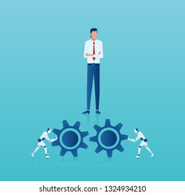Vector of a businessman managing new technology process implementation in corporate business 