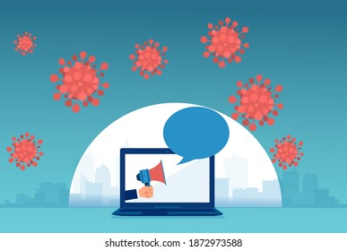 Vector of a businessman with megaphone making an announcement using social media platform during coronavirus pandemic 