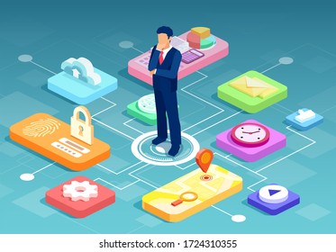Vector of a businessman in the middle of modern technology business tools, cyber security and personal data protection system icons