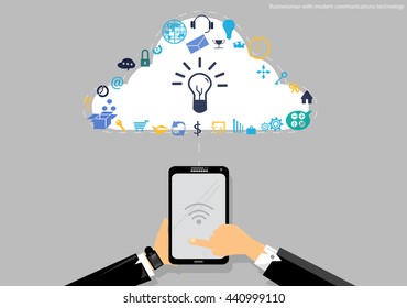 Vector Businessman with modern communication technology and business icon tablet forms. Used for work flat design
