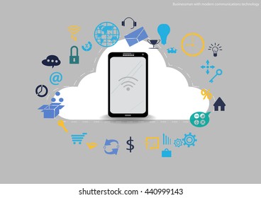Vector Businessman with modern communication technology and business icon tablet forms. Used for work flat design