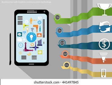 Vector Businessman with modern communication technology and business icon tablet forms. Used for work flat design