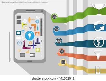 Vector Businessman with modern communication technology and business icon tablet forms. Used for work flat design