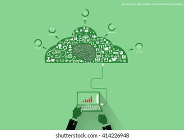 Vector Businessman with modern communications technology Notebook task, leveraging and business icon styles. Used for work flat design