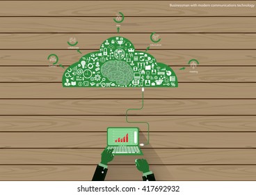 Vector Businessman with modern communications technology Notebook task, leveraging and business icon styles. Used for work flat design