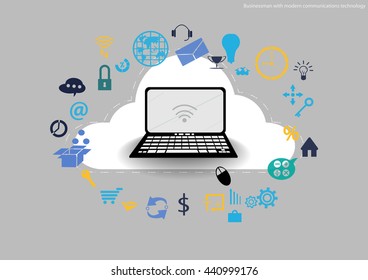 Vector Businessman with modern communications technology Notebook task, leveraging and business icon styles. Used for work flat design