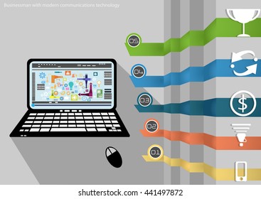 Vector Businessman with modern communications technology Notebook task, leveraging and business icon styles. Used for work flat design