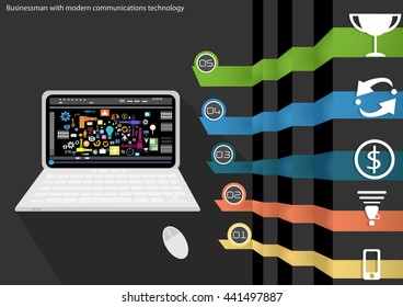Vector Businessman with modern communications technology Notebook task, leveraging and business icon styles. Used for work flat design