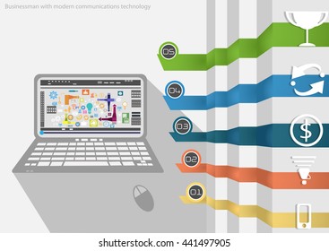 Vector Businessman with modern communications technology Notebook task, leveraging and business icon styles. Used for work flat design