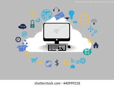 Vector Businessman with modern computer and communications technology business icon styles. Used for work flat design