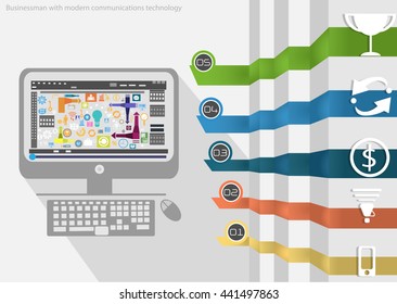 Vector Businessman with modern computer and communications technology business icon styles. Used for work flat design