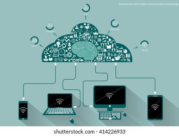 Vector Businessman with modern mobile communication technology, Tablet PC and Notebook task, leveraging business icon styles. Used for work flat design