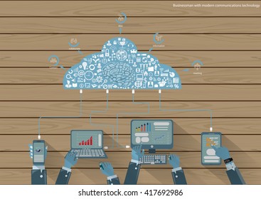 Vector Businessman with modern mobile communication technology, Tablet PC and Notebook task, leveraging business icon styles. Used for work flat design
