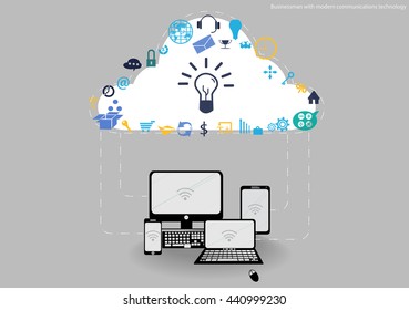 Vector Businessman with modern mobile communication technology, Tablet PC and Notebook task, leveraging business icon styles. Used for work flat design