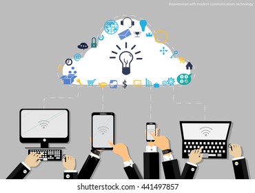 Vector Businessman with modern mobile communication technology, Tablet PC and Notebook task, leveraging business icon styles. Used for work flat design