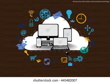 Vector Businessman with modern mobile communication technology, Tablet PC and Notebook task, leveraging business icon styles. Used for work flat design