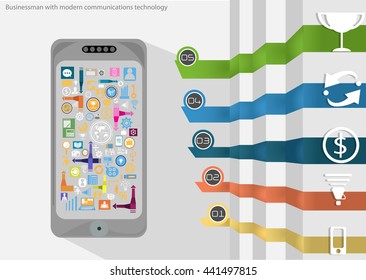 Vector Businessman with modern mobile communications technology business icons and styles. Used for work flat design