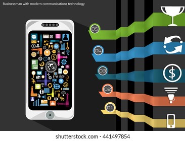 Vector Businessman with modern mobile communications technology business icons and styles. Used for work flat design