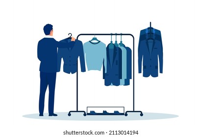 Vector of a businessman near a rack with clothes choosing a suit 