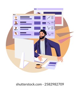 Vector, businessman in the office at the computer, team leader, HR, employee productivity check, colleagues. Vector illustration