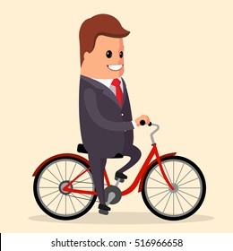 Vector, businessman on a bike. Happy manager character.