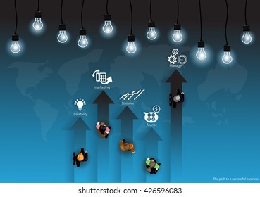 Vector businessman on the path to success with a world map lamp and icons flat design