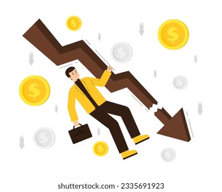 Empresario vectorial en pánico con problemas de dinero en bancarrota y pérdida de ganancias