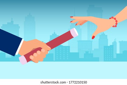 Vector of a businessman passing relay baton to a businesswoman 