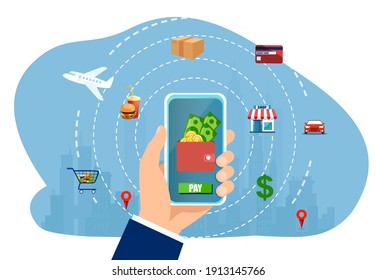 Vector of a businessman paying for the services online using mobile phone app