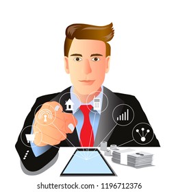 Vector businessman pointing in the office.